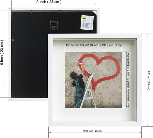 BD ART 9x9 (23 x 23 x 4.7 cm) White Shadow Box 3D Square Picture Frame with Mat for 5x5 inch Photo, Glass Front