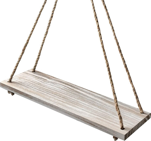 EMAISON Hanging Distressed Wood Floating Shelves with Swing Rope, Farmhouse Organizer Rustic Home Décor, Set of 2 (Set of 2, White Wash)