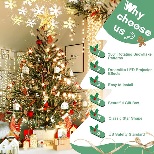 Christmas Tree Topper Star Lighted with Rotating Snowflake LED Projector, Gold Star 3D Glittered Christmas Xmas Tree Decorations Projector Angle Adjustable