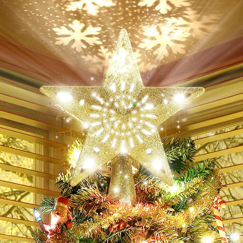 Christmas Tree Topper Star Lighted with Rotating Snowflake LED Projector, Gold Star 3D Glittered Christmas Xmas Tree Decorations Projector Angle Adjustable