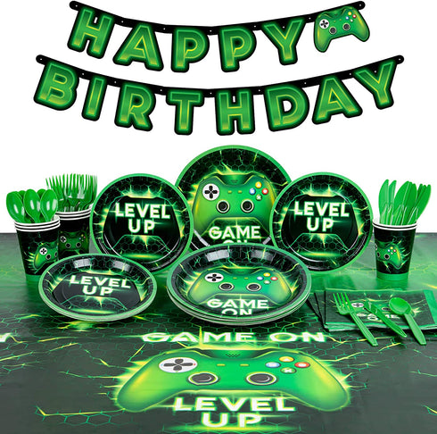 Decorlife Video Game Party Supplies Serves 8, Cute Gamer Birthday Decorations for Boys, Complete Pack Includes Tablecloth, Pre-Strung Banner, Green, Total 58PCS
