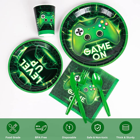 Decorlife Video Game Party Supplies Serves 8, Cute Gamer Birthday Decorations for Boys, Complete Pack Includes Tablecloth, Pre-Strung Banner, Green, Total 58PCS