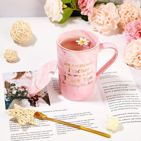 Funny Christmas Thank You Teacher Coffee Mug Gifts, An Awesome Teacher Is Not Easy to Find Mug Gift for Graduation Birthday Favor, 14 oz Coffee Marble Mug with Gift Box and Gold Spoon (Pink)