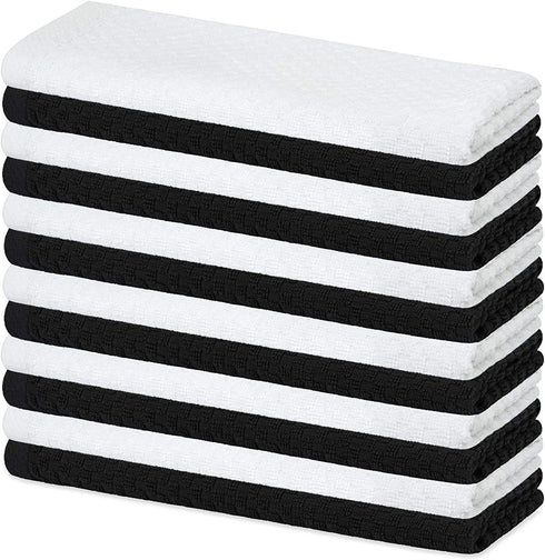 Kitchen Towels 100% Cotton - Machine Washable - Extra Soft 12x12 Black and White Dobby Weave Dish Towels, Tea Towels, Bar Towels - 12 Pack