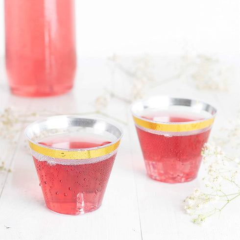 Plasticpro 9 oz Disposable Plastic Party Cups,Old fashioned Designed Tumblers, With gold Rim 100 Count, Crystal Clear