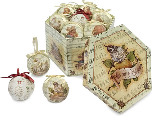FAVRD 12 Days of Christmas Ornaments Set Shatterproof Christmas Tree Decorations Christmas Decor Holiday Decorative Hanging Ornaments, Set of 14, Each Ornament 3 Inch Diameter, 3.5 Inch High, Beige