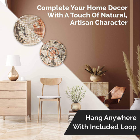 Boho Wall Decor Seagrass Baskets - 2-Piece Set - Includes 1 Hanging Wall Basket and 1 Trivet with Hang Loops - Bohemian Decor Baskets Handmade in Vietnam with Natural Seagrass