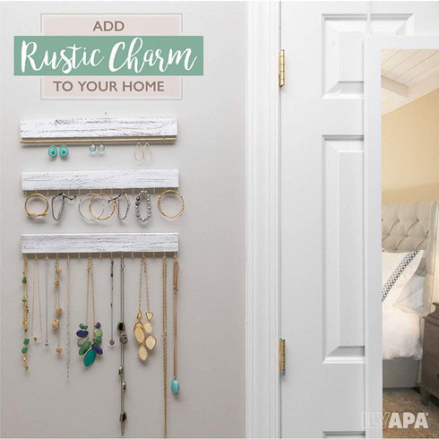 Ilyapa Wall Mounted Jewelry Organizer, Rustic White Wood - Earring, Bracelet and Necklace Holder - 3 Piece Jewelry Hanger Rack Set