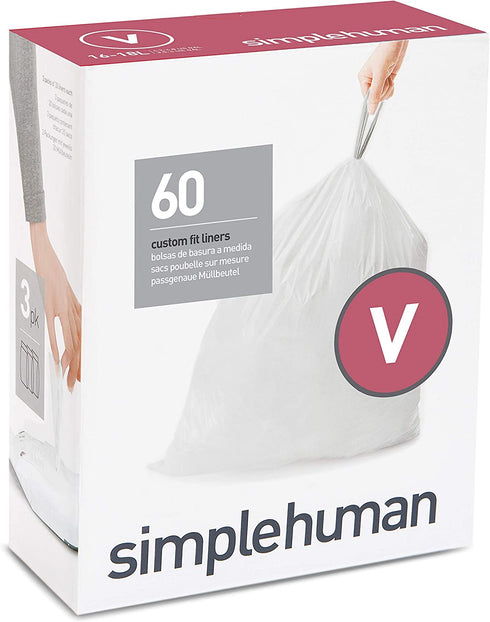 simplehuman Code V Custom Fit Drawstring Trash Bags in Dispenser Packs, 16-18 Liter / 4.2-4.8 Gallon, White 60 Liners