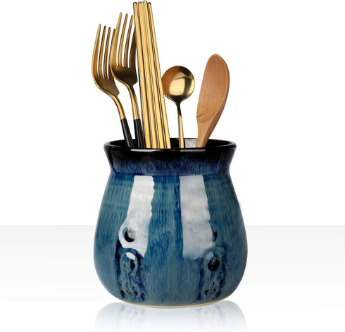 Ceramic Utensil Holder,Porcelain Utensil Crock Easy to Clean - 30oz (Gradient Blue)