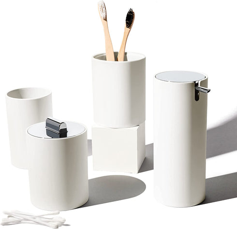 Sleek White Bathroom Accessory Set 4 Pcs complete bathroom set. Modern bathroom decor. Bathroom organizer. Accesorios para ba±os. Industrial bathroom accessories. Toothbrush holder Soap dispenser set.