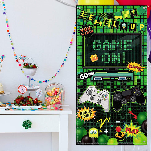 Video Game Party Decoration Video Gaming Photo Door Backdrop Game On Boys Birthday Photo Banner Gamer Room Decor for Game Fans Video Gamer Party Decoration Supplies, 6 x 3 Feet