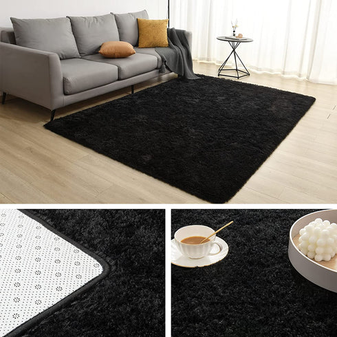 Wondo Ultra Soft Black Area Rug Shag Fluffy Rug for Bedroom Living Room, 3'X5' Modern Fuzzy & Shaggy Plush Carpet for Girls Room Boys Nursery Kids Playroom Home Decoration Floor Rugs, 3X5ft