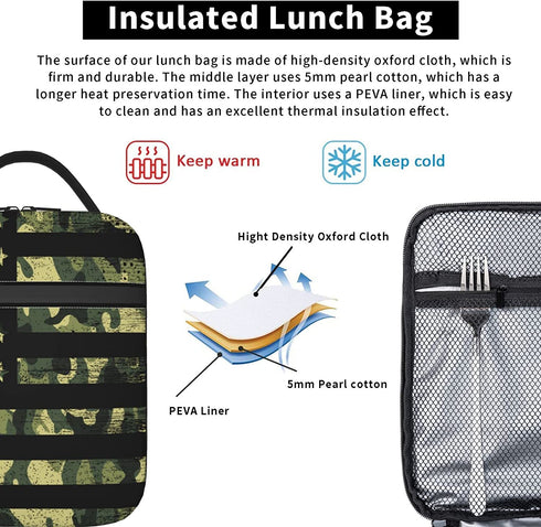 PrelerDIY Camouflage American Flag Lunch Box - Insulated Lunch Bags for Women/Men/Girls/Boys Detachable Handle Lunchbox Meal Tote Bag