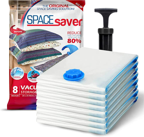 Spacesaver Premium Vacuum Storage Bags. 80% More Storage! Hand-Pump for Travel! Double-Zip Seal and Triple Seal Valve! Vacuum Sealer Bags for Comforters, Blankets, Bedding, Clothing! (Medium 8 pack)