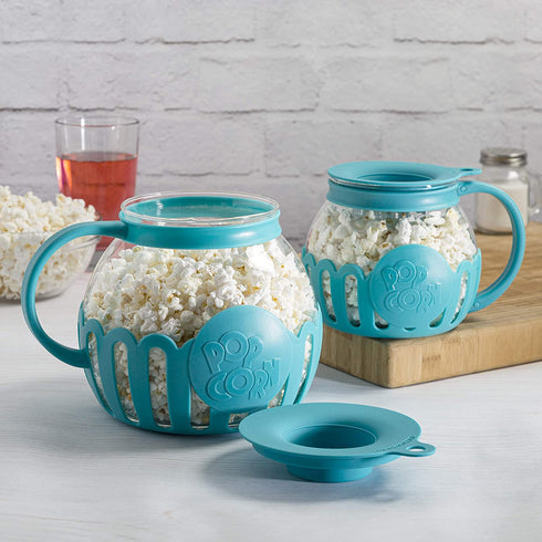 Ecolution Patented Microwave Micro-Pop Popcorn Popper, Borosilicate Glass, 3-in-1 Lid, Dishwasher Safe, BPA Free, 3 Quart Family Size, Teal