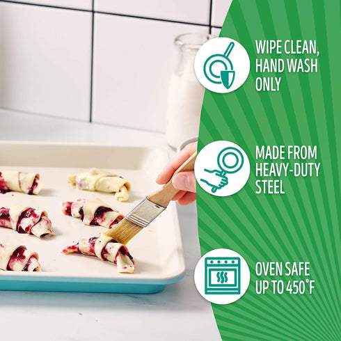 GreenLife Healthy Ceramic Nonstick, 13" x 9" Quarter Cookie Sheet Baking Pan Set, PFAS-Free, Turquoise