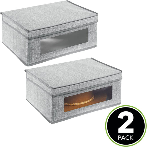 mDesign Fabric Stackable Basket Cube Storage Organizer Bin with Clear Plastic Window and Attached Lid for Organizing Bedroom Closet - Holds Clothes, Blankets, Hats - 2 Pack - Gray