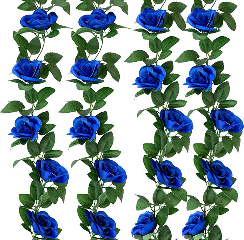 Yebazy 4PCS(30FT) Artificial Rose Vine Fake Rose Garland Artificial Flowers for Hotel Wedding Home Party Garden Decor?Royal Blue?