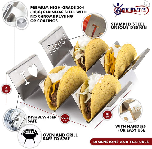 KITCHENATICS 4-Pack Stainless Steel Taco Holder Set- Wider & Stylish Taco rack that holds up to 3 Tacos Each for Soft & Hard Shell Tacos, Hotdogs - Rust Proof, Oven, Grill & Dishwasher Safe
