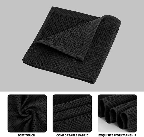 SFTXEY 100% Cotton Kitchen Dish Cloths, 10-Pack Waffle Weave Dish Towels, Ultra Soft Absorbent Quick Drying for Kitchen Towels Set Dish Rags, 12x12 Inches (Dishcloth 12 in x 12 in, Black)