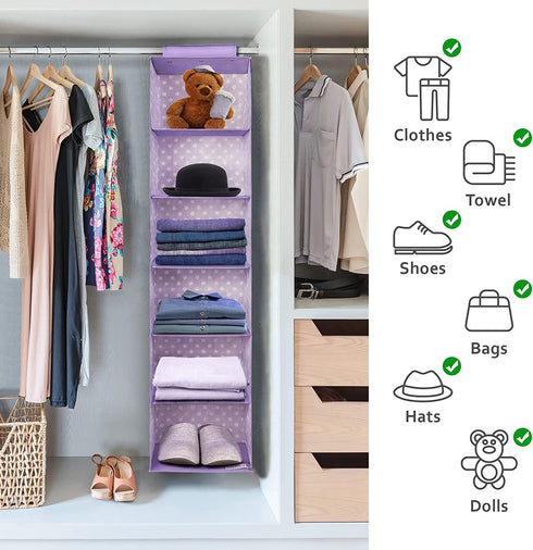 Utureal 6-Shelf Hanging Closet Organizer, Fabric Foldable Clothes Storage Hanging Shelves for Bedroom Kids Nursery Room, Space Saving Sturdy Shelf Unit for Travel Trailer Camping| Polka Dots, Purple
