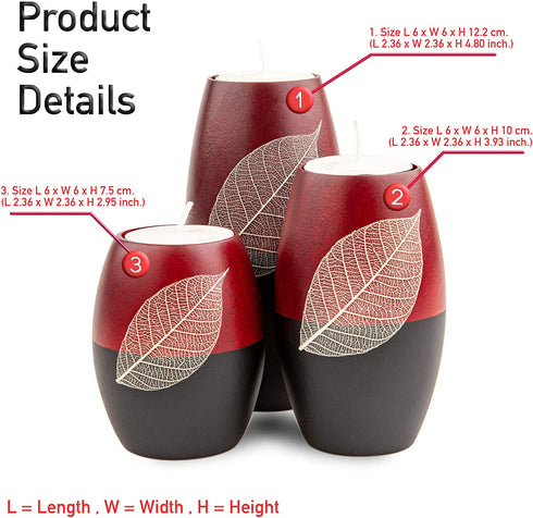 IYARA CRAFT 3 Wooden Candle Holders Decorative Candle Holders with Beauty Decor Dry Leaf Intricate Details Matte Wood Finish Ideal for Modern & Rustic Settings 2 Tones, red, Black (Rugby Shape)