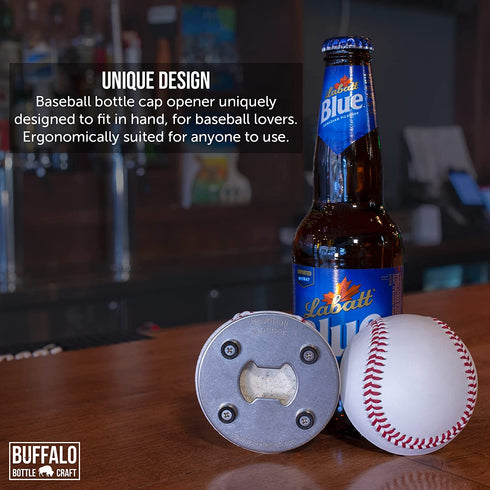 Stainless Steel Baseball Bottle Opener, Beer Bottle Opener Made from Real Baseball's Leather, Magnetic Bottle Opener & Cap Catcher - Cool Gadget for Teens, Present for Men & Main Beer Accessory