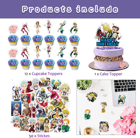 Seven Deadly Sins Birthday Party Decorations,Anime Manga Themed Party Supplies set for Boys Girls with Happy Birthday Banner,Cake Topper,Cupcake Toppers,Balloons,Stickers