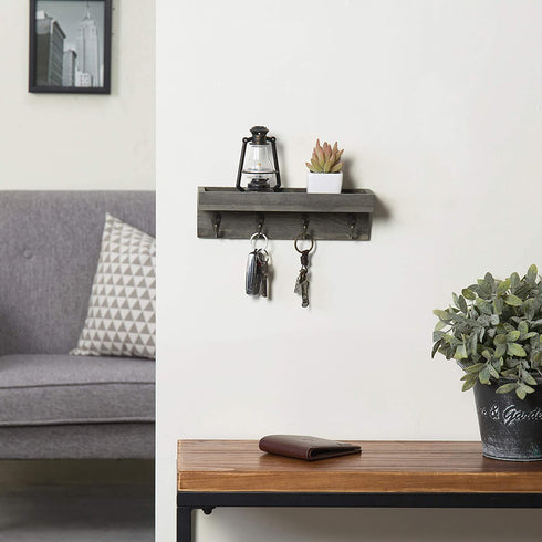 MyGift Floating Wall Shelf with Hooks, Vintage Grey Wood Entryway Storage Shelf with 4 Metal Key Hooks