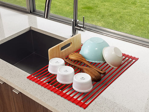 Zulay Kitchen Large 20.5" Roll Up Dish Drying Rack - Heavy Duty Silicone Wrapped Steel Rods Over Sink Dish Drying Rack - Versatile Roll Up Sink Drying Rack & Trivet - Red