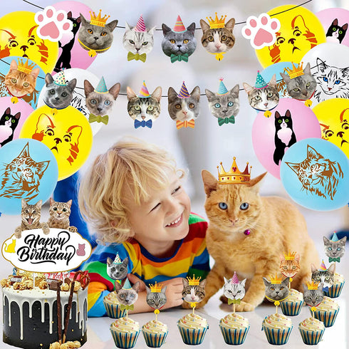 Koyatti Cat Theme Birthday Party Decorations Set,Cat Lover Birthday Party Supplies for Kids Girls,16 MEOW Balloons,Cat Face Banner and 24 Cupcake Toppers,A Big Happy Birthday Caketopper