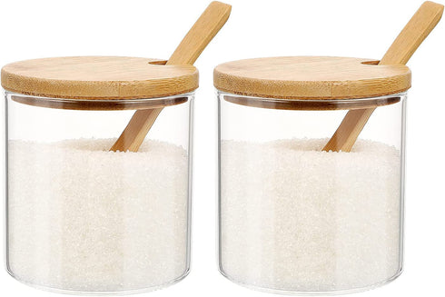 UPKOCH 2pcs Condiment Spice Jars Glass Condiment Seasoning Container Pots with Spoon Wood Lids Storage Canister for Kitchen