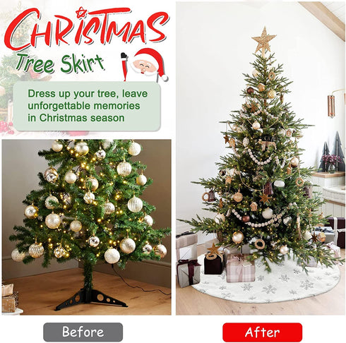 Silver Christmas Tree Skirt 36 Inches White Faux Fur Tree Skirts Sequin Snowflakes Plush Snowy Tree Mat for Artificial Trees Decorations
