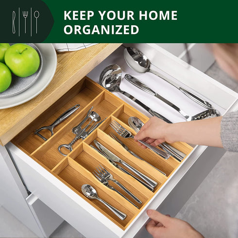 Luxury Bamboo Kitchen Drawer Organizer - Silverware Organizer and Cutlery Tray with Grooved Drawer Dividers for Flatware and Kitchen Utensils (7 Slot, Natural)