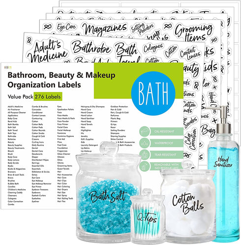 276 PCS Cursive Bathroom Organization Labels,Waterproof Tear-resistant No Residue, Bath,Beauty & Makeup Preprinted Stickers