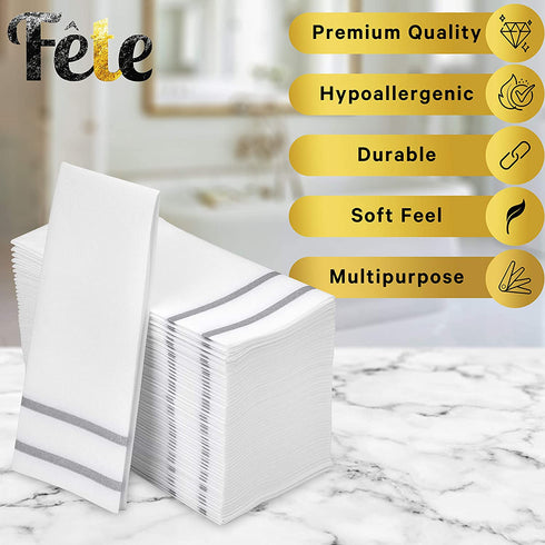 Fete Decorative Hand Towels Disposable, Silver Design 100 Linen-Feel Guest Towels Formal Dinner, Anniversary, and Wedding Napkins for Tables, Guestrooms, and Restrooms - 8.5x 4-Inches Folded,