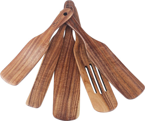 Yowzie Spurtle Shovel Scraper 5 Piece Kitchen Set Utensils Non-Stick Heat Resistant Insta-Pot Cookware Natural Slotted Acacia Wooden Set For Stirring Mixing Serving