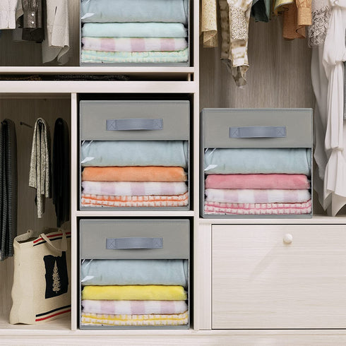 DIMJ Cube Storage Bins, 3 Packs Clear Window Fabric Storage Bin Organizer for Closet Shelves Home Storage Cubes Organizer with Handles