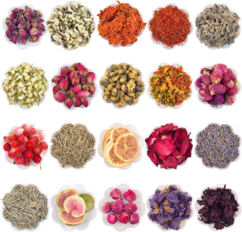 Natural Dried Flower for Soap Making,Dried Flower Herbs Kit for Bath, Candle, Aromatherapy Making, Sachet, Dried Flower for Perfume, Include Lavender, Rose Petals, Rosebuds, Jasmine 20 Packs