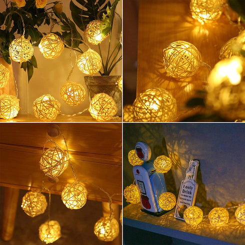 HYAL LUZ Battery Operated 20 LED String Lights, 16.4ft 20 Globe Rattan Balls Christmas Light with Remote Control & Timer, Indoor Fairy String Lights Decorative for Bedroom Party Wedding (Warm White)