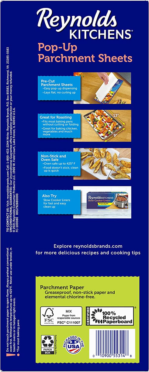 Reynolds Kitchens Pop-Up Parchment Paper Sheets, 10.7x13.6 Inch, 120 Sheets