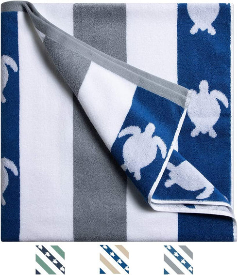 cabanana Plush Oversized Beach Towel - Cotton Fluffy 35 x 70 Inch Quarry Blue Jacquard Turtle Striped Pool Towel, Large Summer Swim Cabana Towel