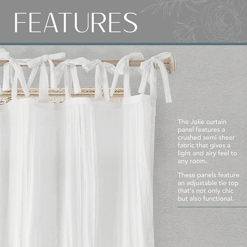 Elrene Home Fashions Jolie Crushed Semi-Sheer Window Curtain, Adjustable Tie-Top Single Panel, 52" x 95" (1 Panel), White