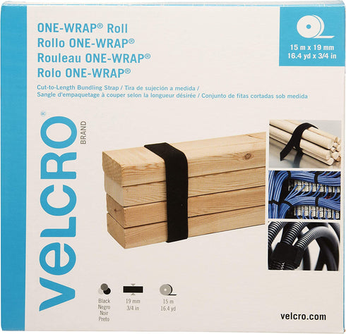 VELCRO Brand ONE WRAP Roll | Reusable, Cut-to-Length | Self Gripping Multi-Purpose Hook and Loop Tape | Black, 16.4yd x 3/4in