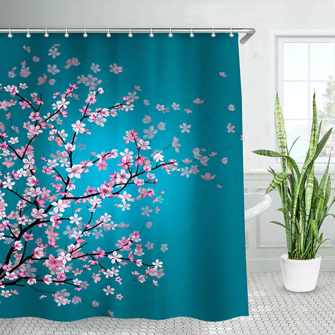 LIVILAN Cherry Blossom Shower Curtain Japanese Shower Curtain Floral Sakura Plum Blossom Flower Shower Curtains with 12 Hooks Teal Blue and Pink Pretty Shower Curtain, 72" W x 72" H