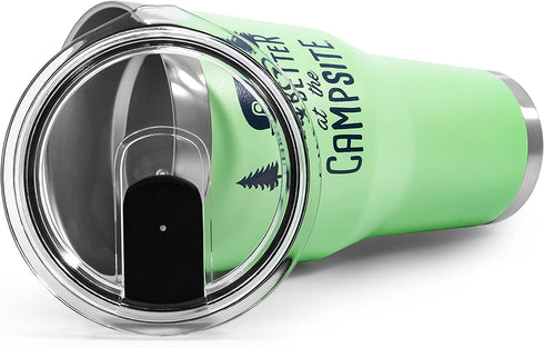 Camco Life is Better at The Campsite Stainless Steel 30 oz. Tumbler with Double Wall Insulation - Leak Proof Lid, Won't Sweat, Great For Hot and Cold Drinks - Green (53064)