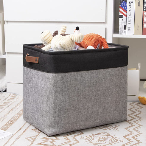 DULLEMELO Large Collapsible Storage Basket/Bin with Durable Leather Handles, Fabric Organizer Bin for Storage Clothes, Toys, Books, Office, Bedroom, Closet, Nursery & Laundry (Black&Gray)