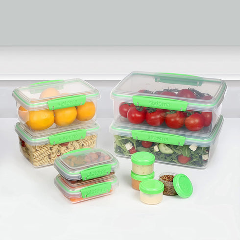 Sistema | 6 Plastic Lids | 4 Dressing to Go Pots | BPA-Free | 10 Freezer/Fridge/Pantry Klip IT Food Storage Containers, Assorted, Clear/Green