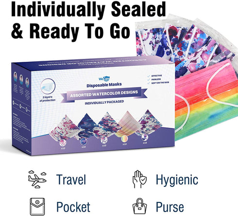 WeCare Disposable Face Mask Individually Wrapped - 50 Pack, Watercolor Print Masks - 3 Ply